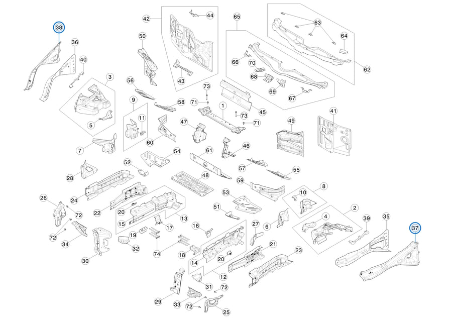Shotgun Outer Panel Assembly for Tesla Model Y 1487483-S0-D, 1487484-S0-D - parts diagram