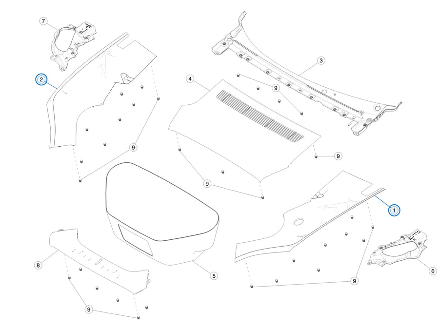Frunk Apron for Tesla Model S 1564261-00-B, 1564262-00-B - parts diagram
