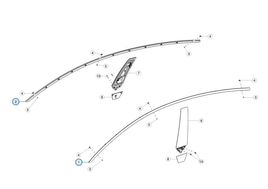 Upper Window Brightwork Trim (Panel Strip) for Tesla Model 3 1083519-00-D, 1083520-00-D - parts diagram