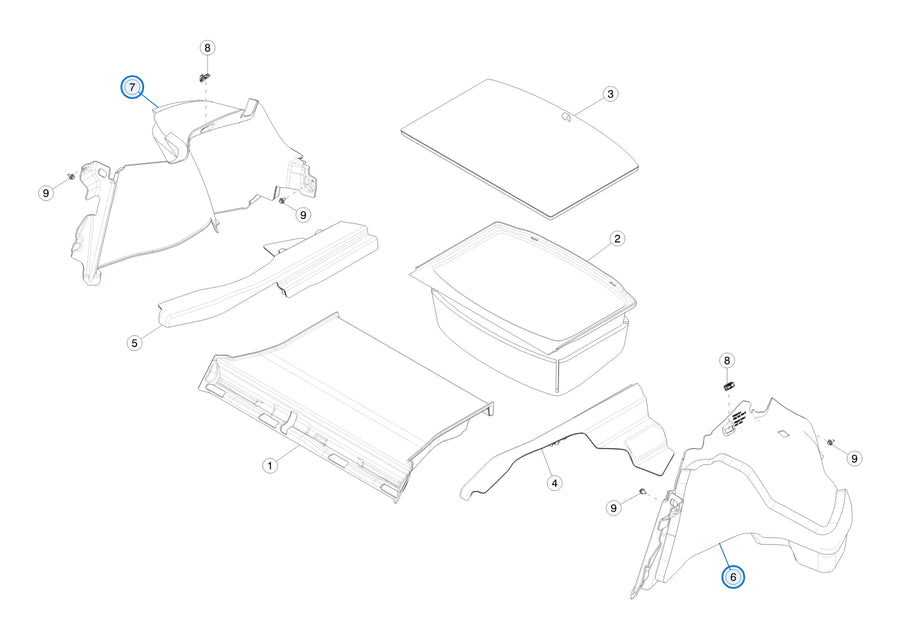 Trunk Side Trim for Tesla Model 3 Highland 1731036-10-D, 1733842-10-D - parts diagram