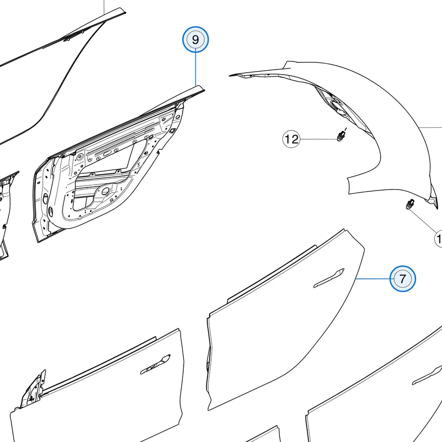 Rear Door Assembly for Tesla Model 3 1081441-E0-C, 1081440-E0-C - parts diagram