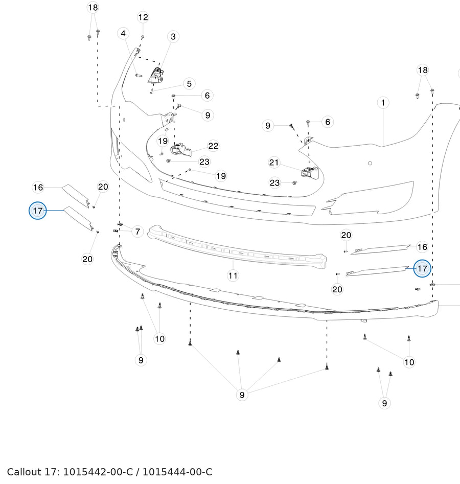 Trim, Front Fog Lamp Lwr Black for Tesla Model S 1015442-00-C, 1015444-00-C - parts diagram