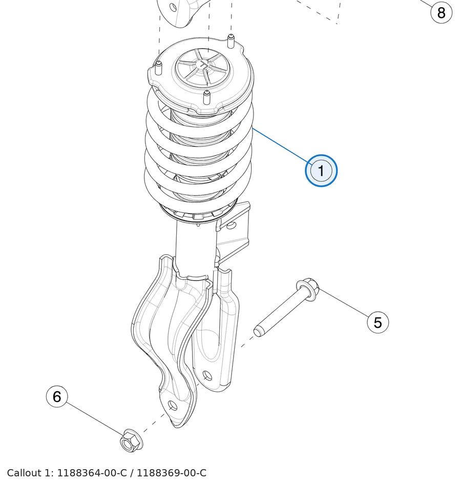 Damper Assembly E1, Rear Wheel Drive, Front for Tesla Model Y 2020-2025 1188364-00-C, 1188369-00-C - parts diagram