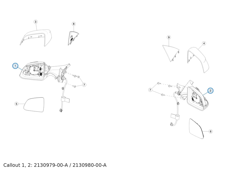 Exterior Mirror Assembly for Tesla Model Y Juniper 2130979-00-A, 2130980-00-A - parts diagram