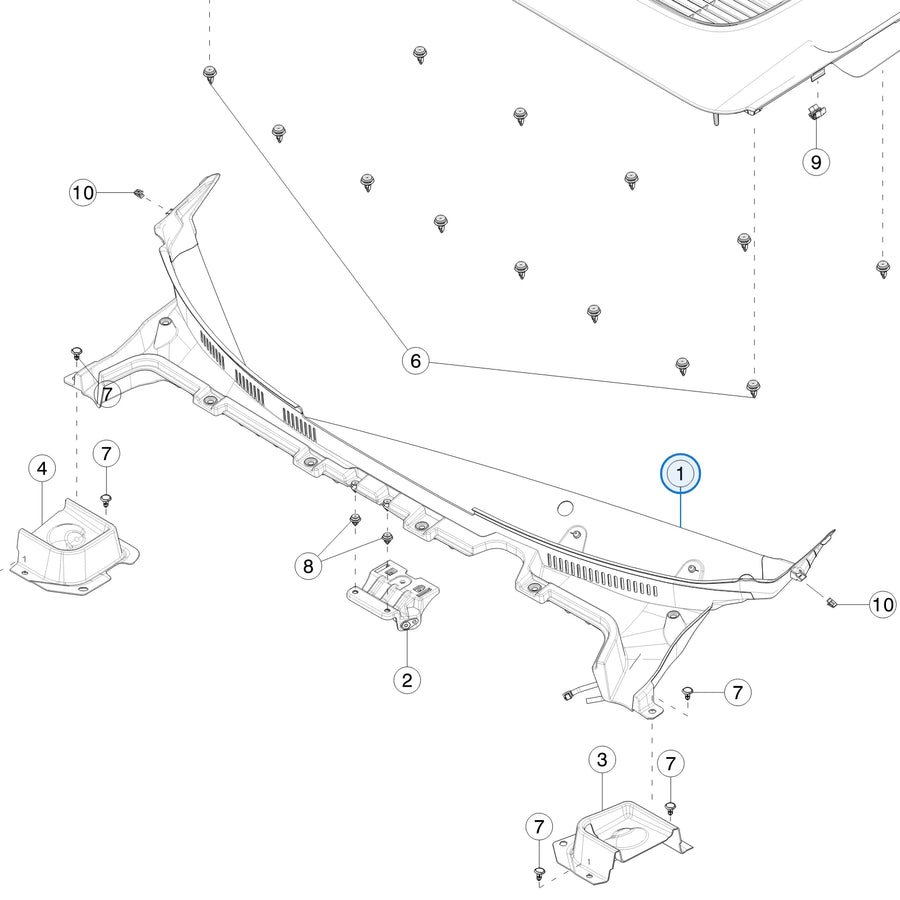 Cowl Screen, Assembly for Tesla Model Y Juniper 1930440-00-E - parts diagram