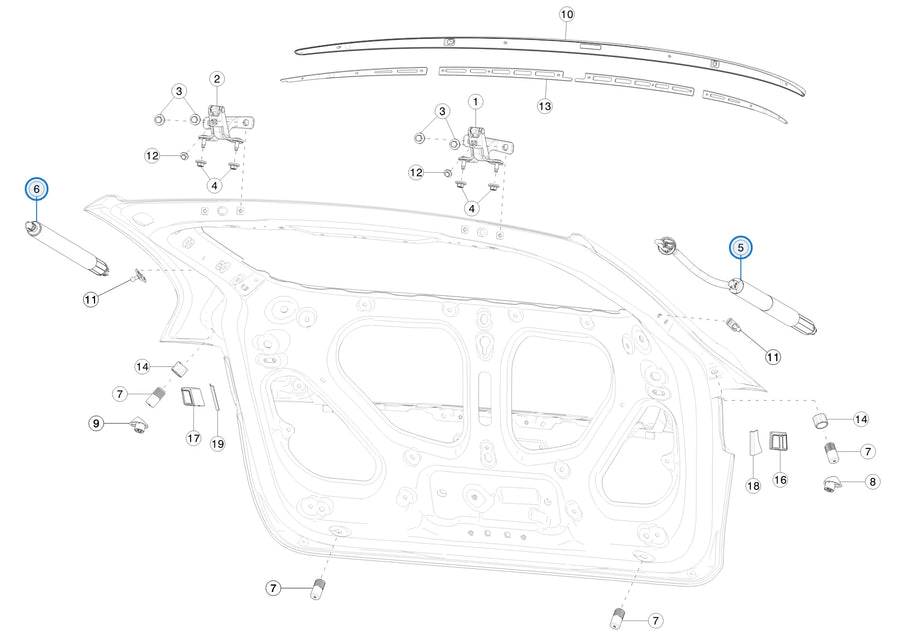 Liftgate Power Strut for Tesla Model Y 2020-2025 1500601-00-A, 1500602-00-A - parts diagram