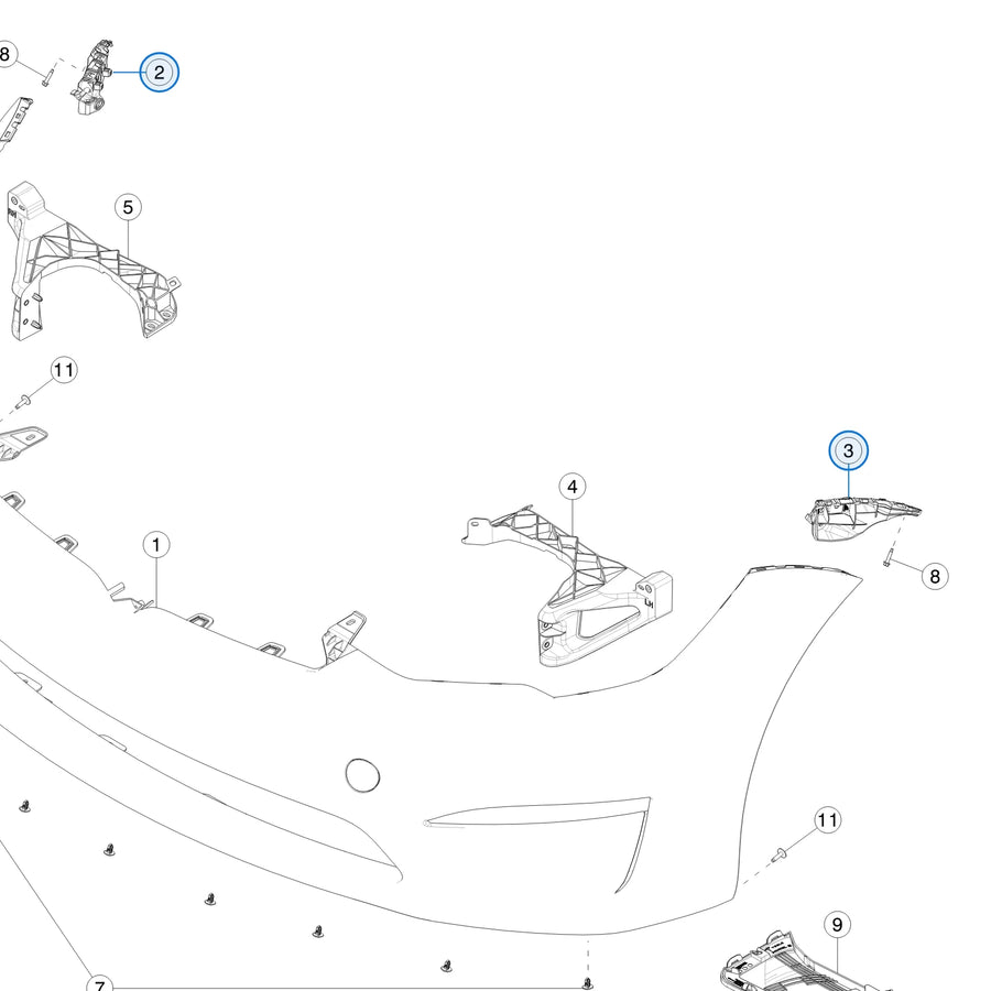 Tesla parts diagram: Front Bumper Fascia (callout 2, 3)