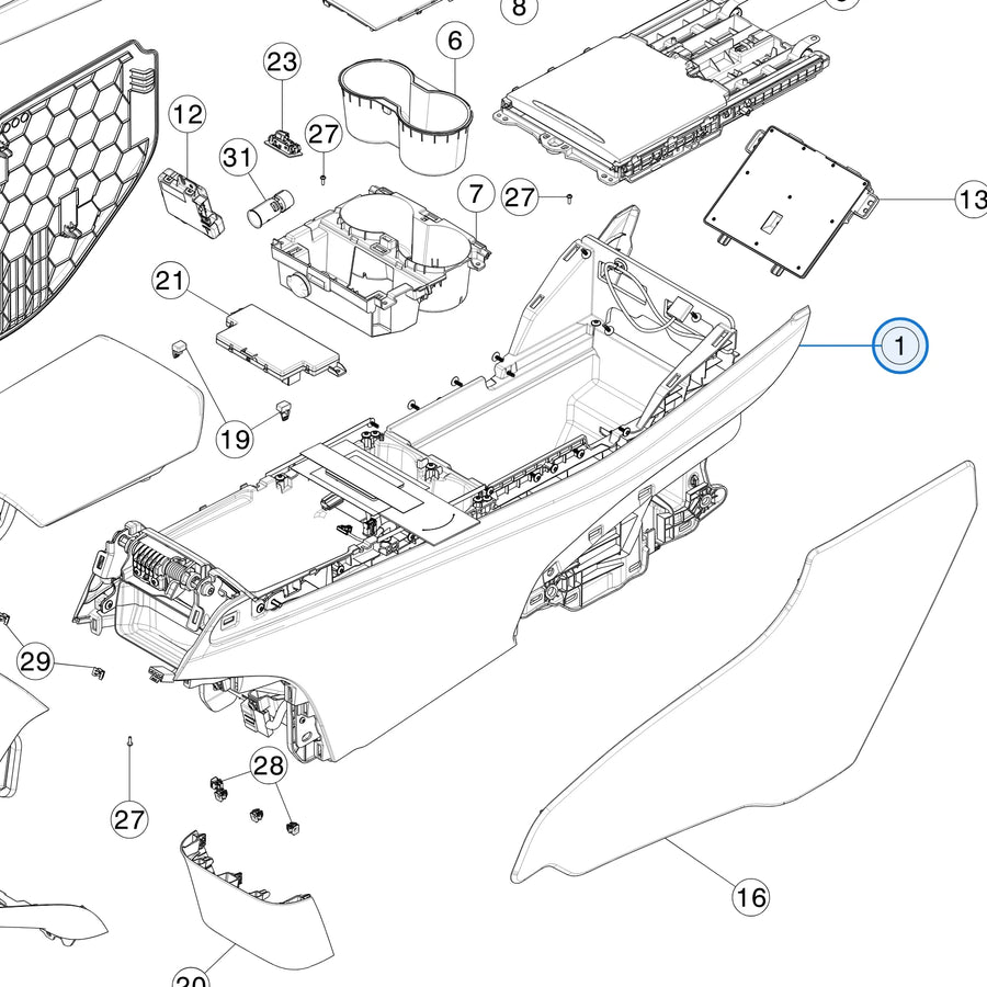Tesla parts diagram: Center Console 2.0 (callout 1)