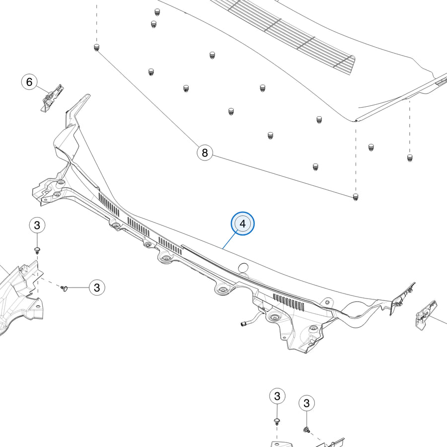Tesla catalogue diagram: Assembly- Cowl Screen- Left Hand Drive- Gfsh (1712493-00-G)