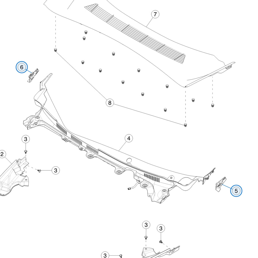 Tesla parts diagram: Underhood Trim (callout 5, 6)