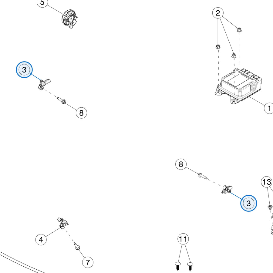 Tesla parts diagram: Impact and Acceleration Sensors (callout 3)