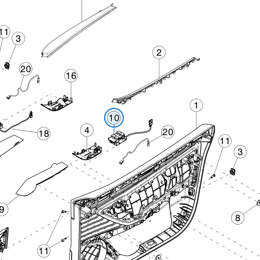Tesla parts diagram: Front Door Trim Pad (callout 10)