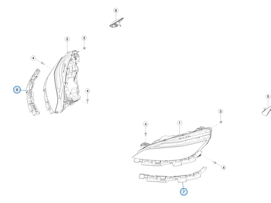 Tesla parts diagram: Front Lights (callout 7, 8)