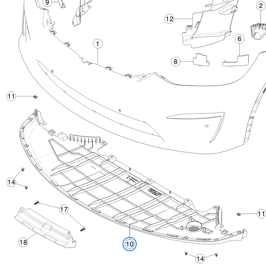 Tesla parts diagram: Front Bumper Fascia (callout 10)