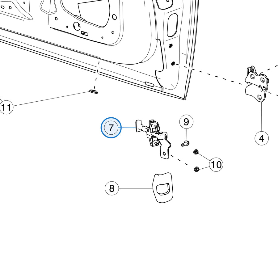 Tesla parts diagram: Front Door Hinges and Fittings (callout 7)