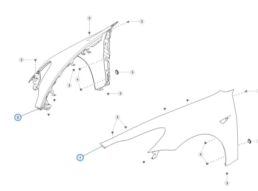 Tesla parts diagram: Front Fenders (callout 1, 2)