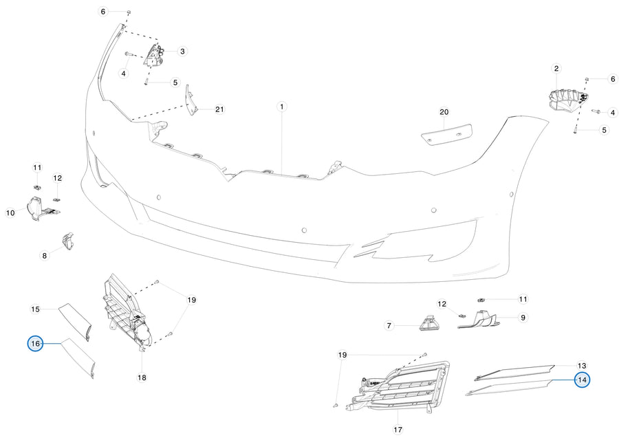 Tesla parts diagram: Front Bumper Fascia (callout 14, 16)