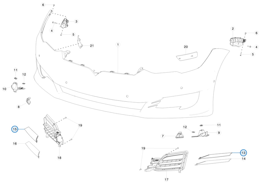 Tesla parts diagram: Front Bumper Fascia (callout 13, 15)