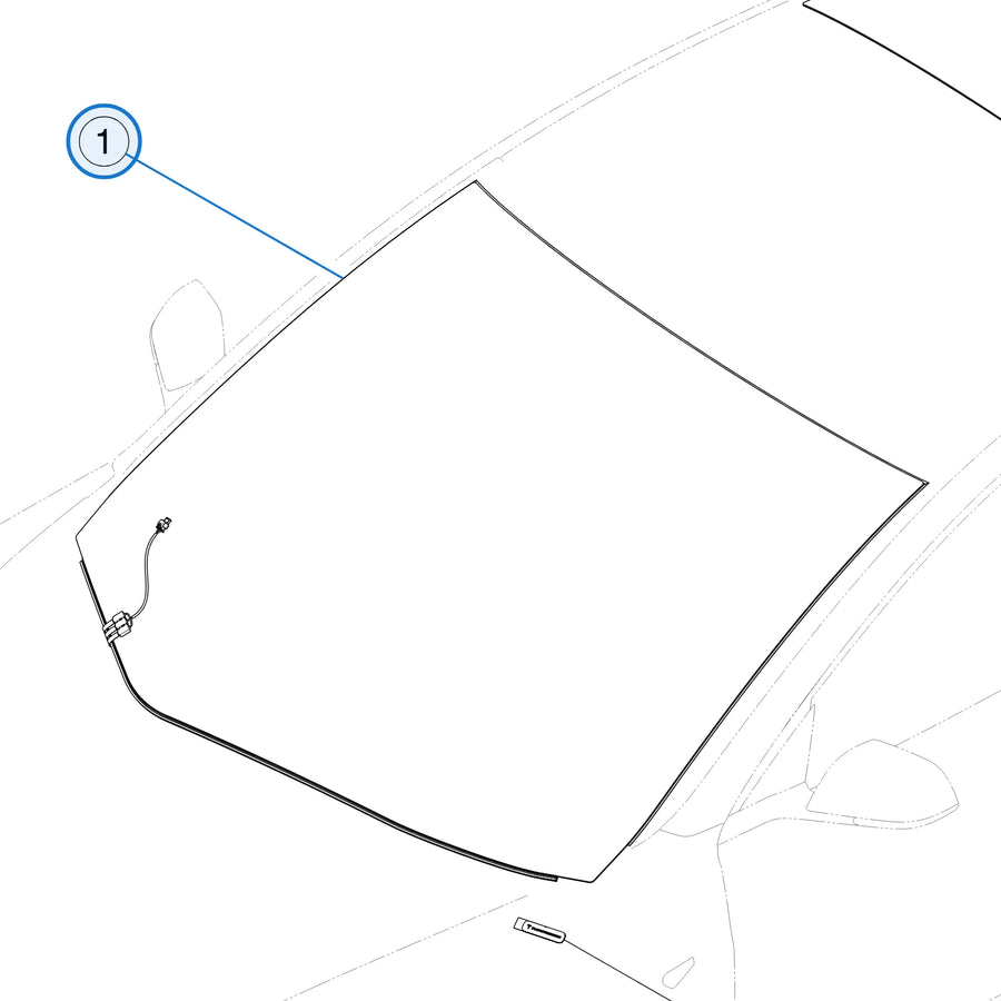 Tesla parts diagram: Windshield and Trunk Glass (callout 1)