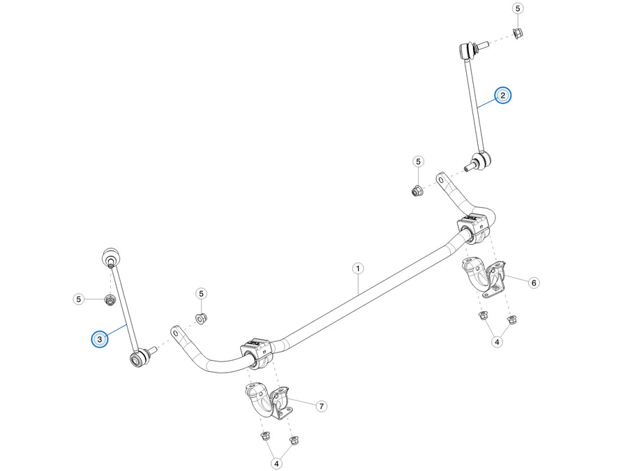 Tesla parts diagram: Front Stabilizer Bar and Links (callout 2, 3)