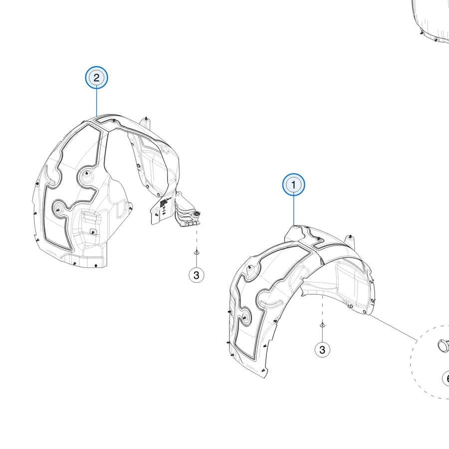 Tesla parts diagram: Wheel Arch Liners (callout 1, 2)