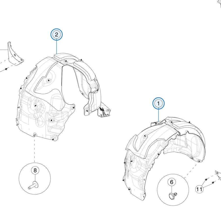 Tesla parts diagram: Wheel Arch Liners (callout 1, 2)