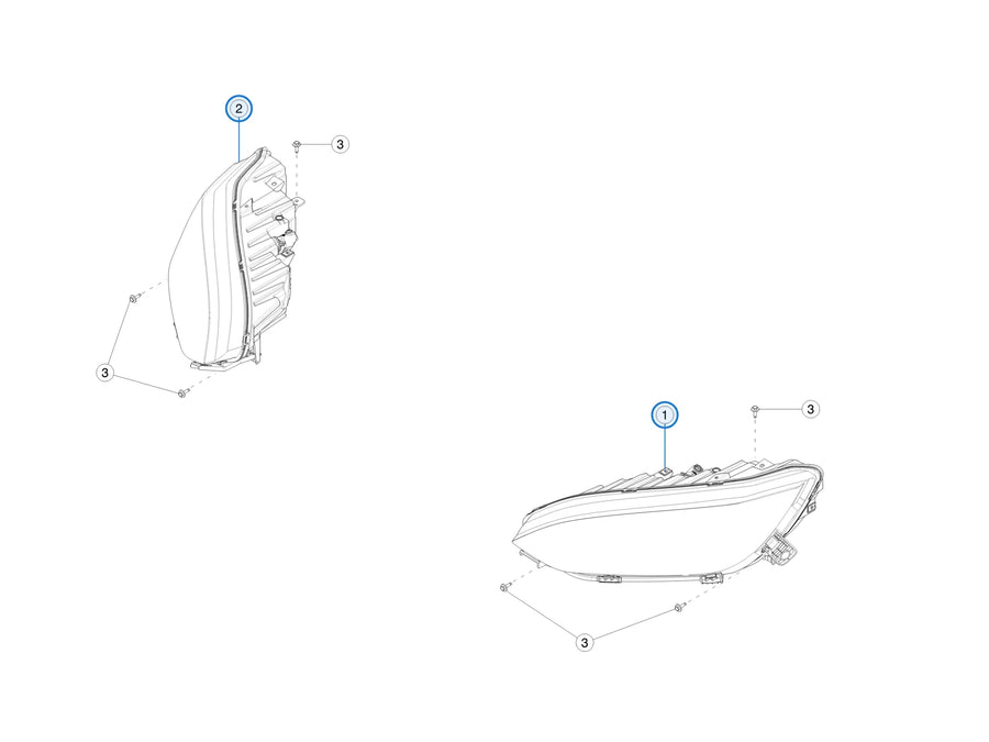 Tesla parts diagram: Headlamps (callout 1, 2)