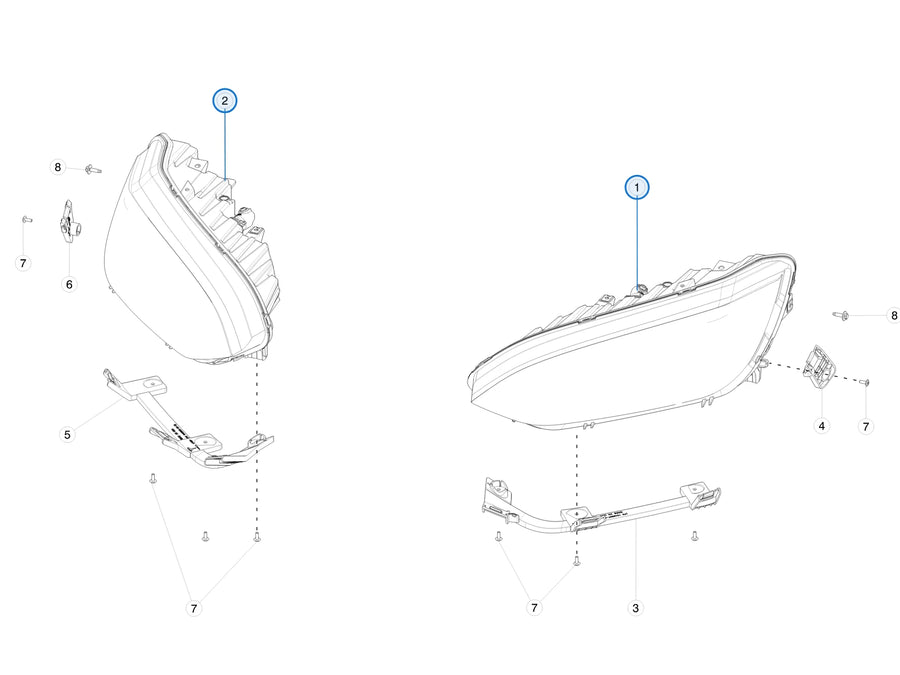 Tesla parts diagram: Headlamps (callout 1, 2)