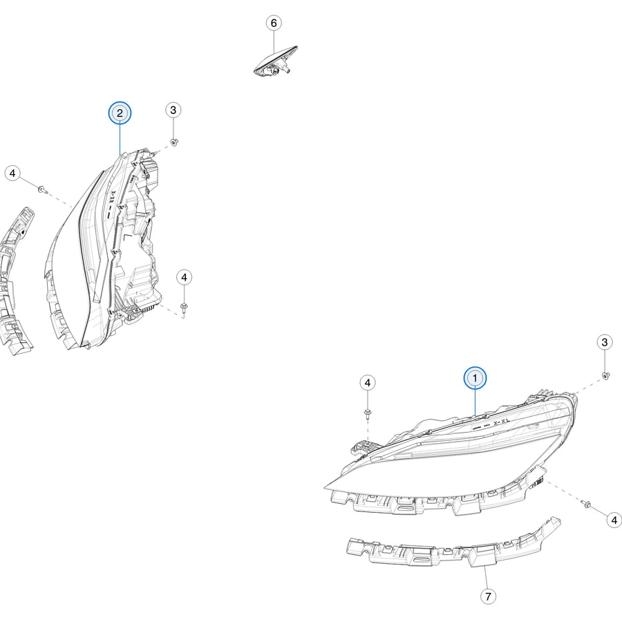 Tesla parts diagram: Front Lights (callouts 1, 2)