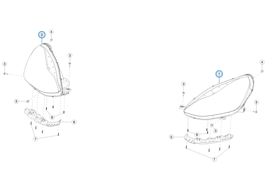 Tesla parts diagram: Headlamps (callouts 1, 2)