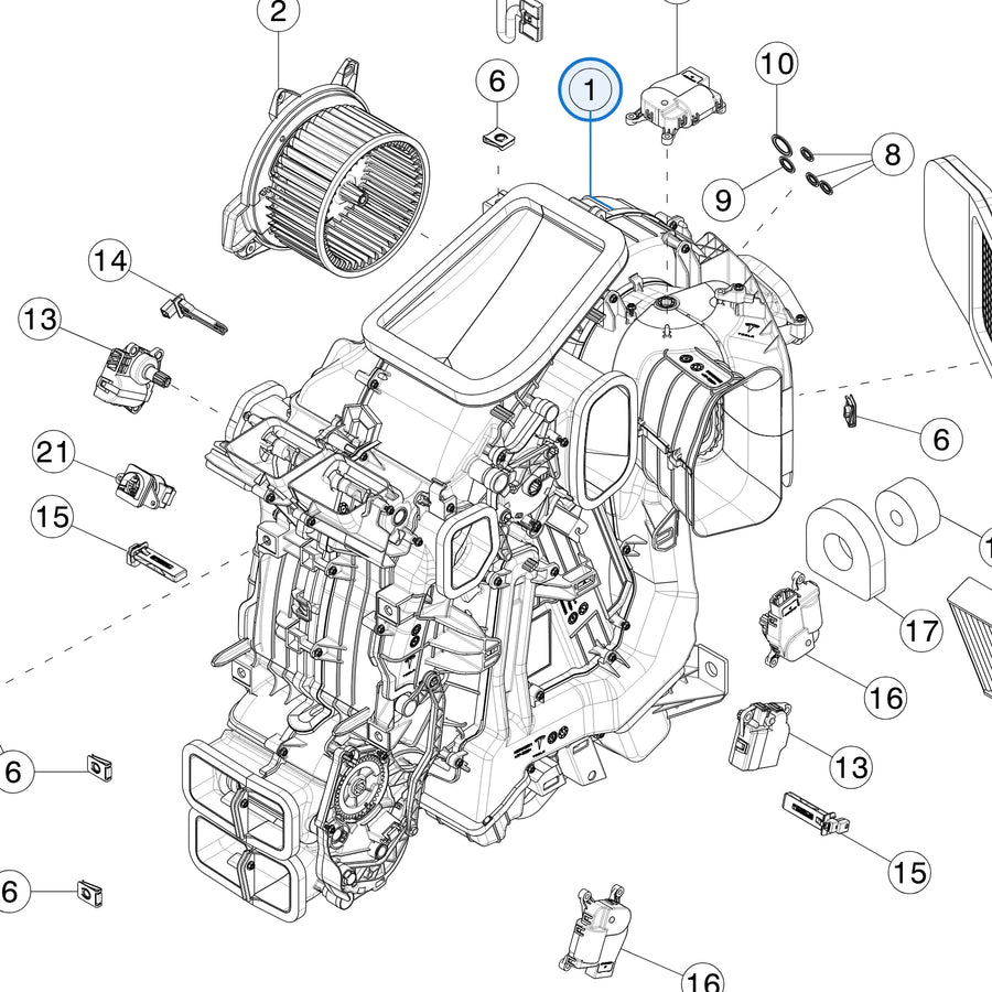 HVAC Module Assembly for Tesla Model 3 & Model Y 1494714-00-F - parts diagram
