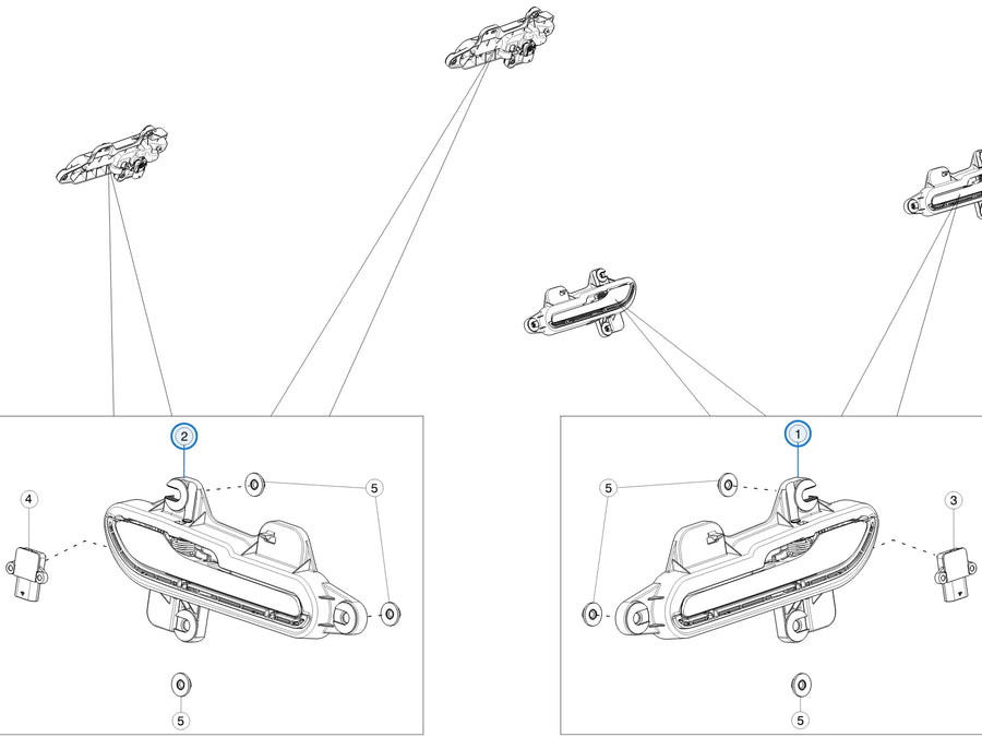 Tesla parts diagram: Front and Rear Exterior Door Handles (callout 1, 2)