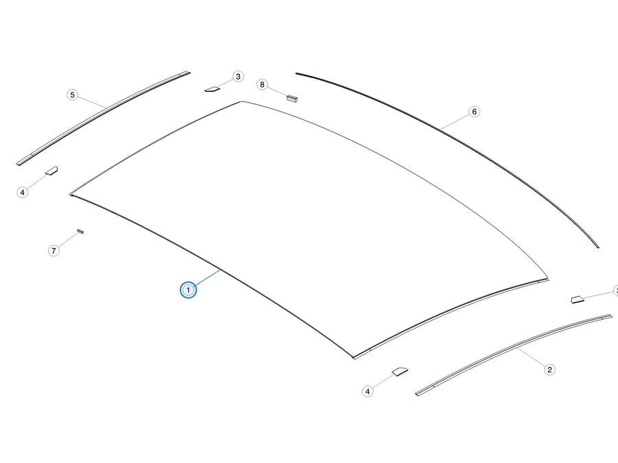 Tesla parts diagram: Roof Glass (callout 1)