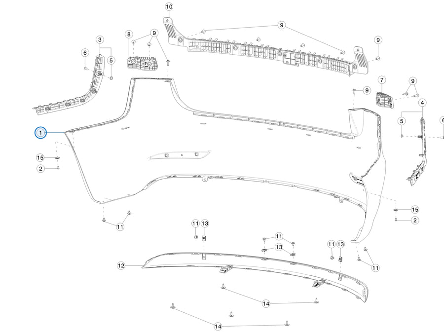 Tesla parts diagram: Rear Bumper Fascia (callout 1)