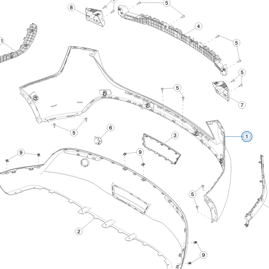 Rear Bumper for Tesla Model Y 1493735-S0-A, 1493735-SC-C - parts diagram, callout 1