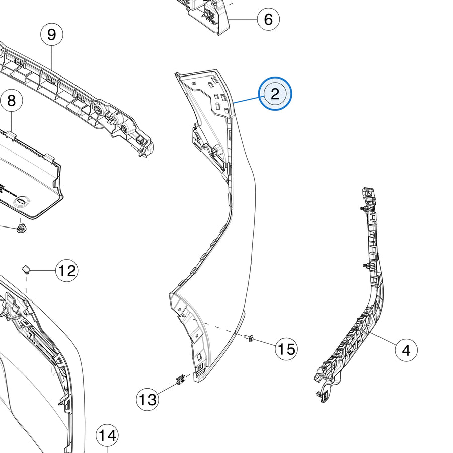Rear Bumper for Tesla Model Y Juniper 1932601-00-F, 1932602-00-F - parts diagram, callout 2 (left)