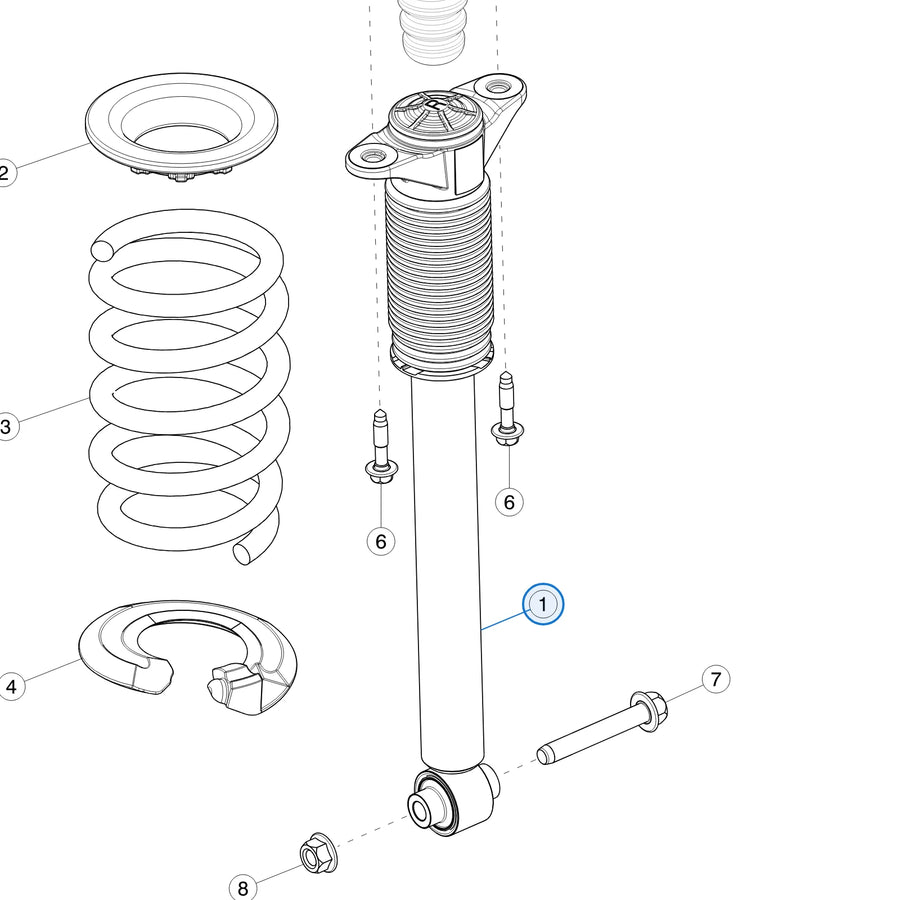 Tesla parts diagram: Rear Coil Spring and Damper (callout 1)