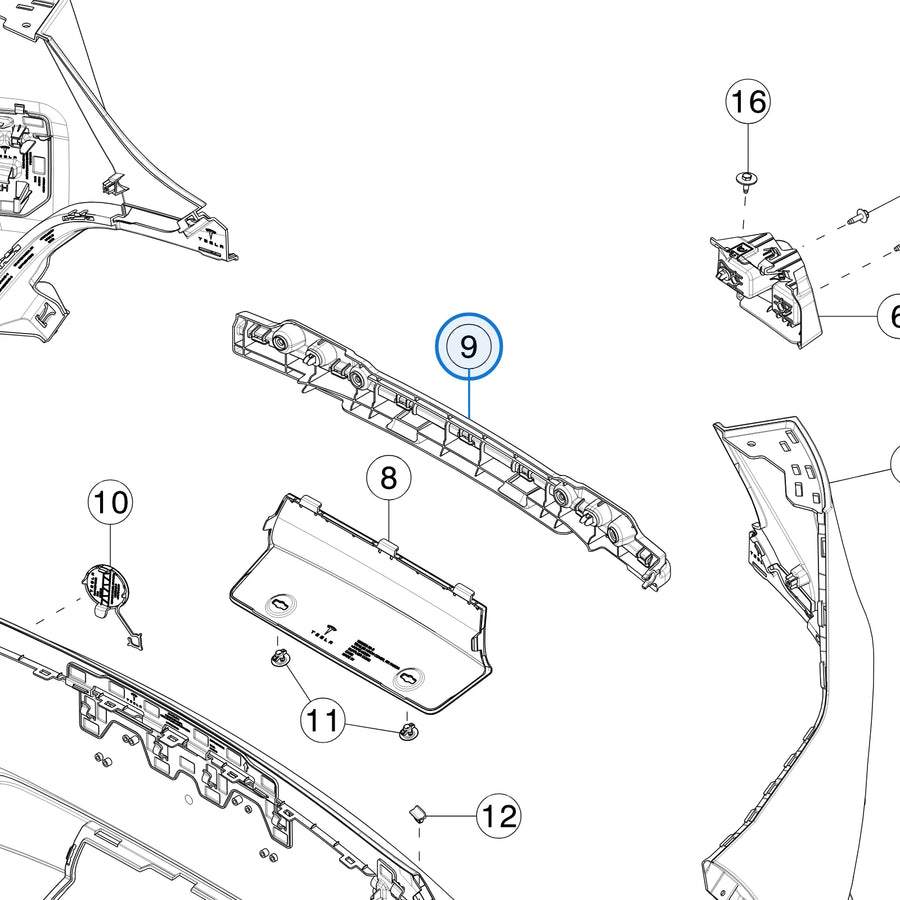 Rear Fascia Center Bracket Assembly for Tesla Model Y Juniper 1983839-00-B - parts diagram
