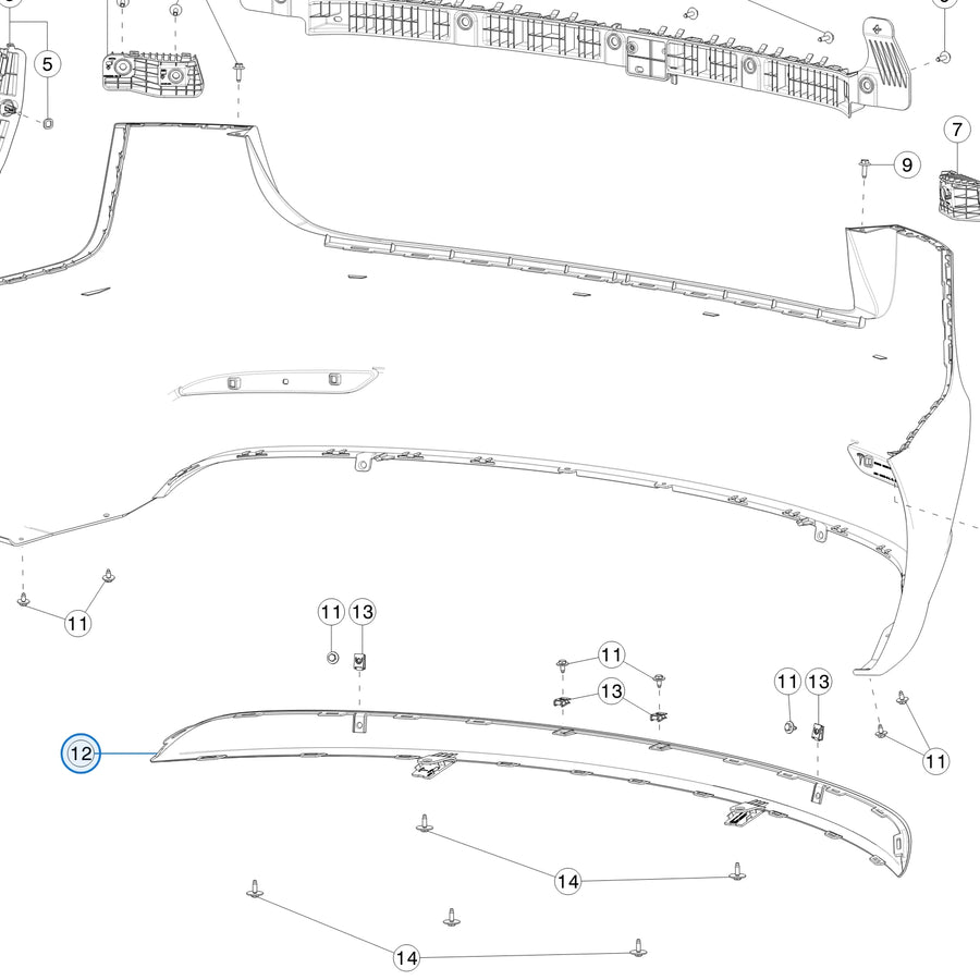 Tesla parts diagram: Rear Bumper Fascia (callout 12)