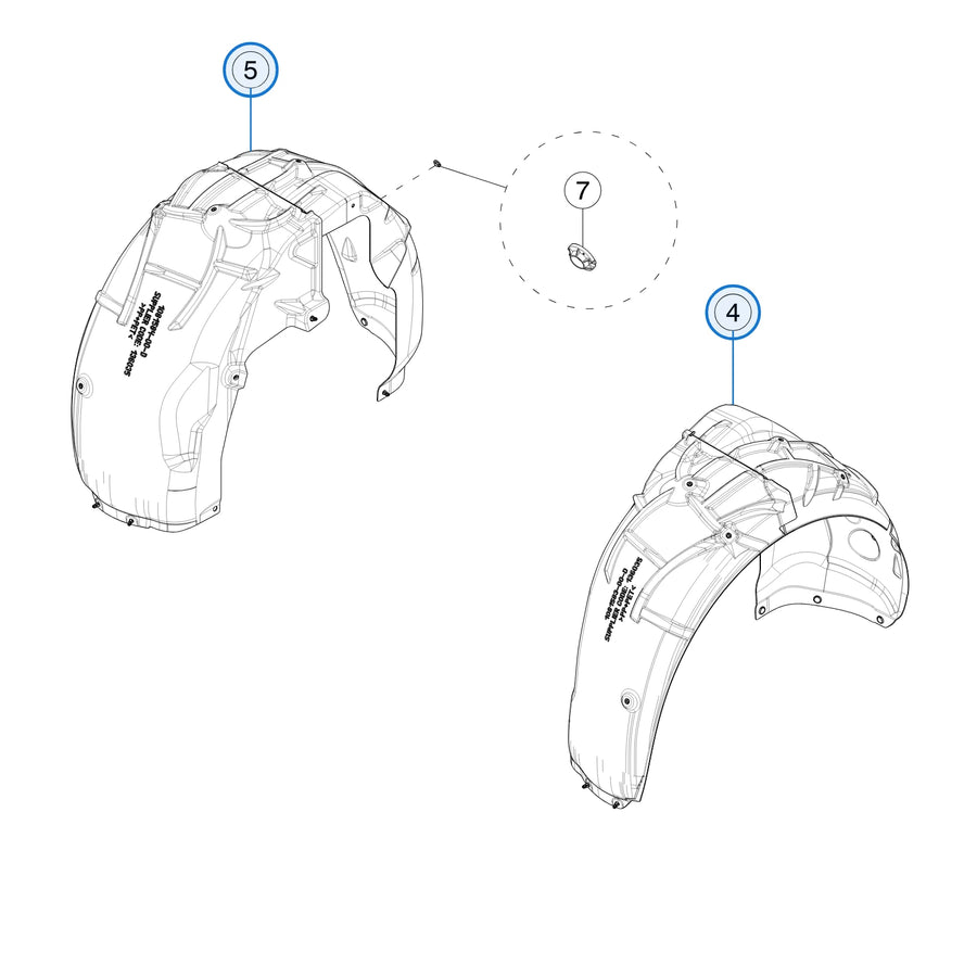 Tesla parts diagram: Wheel Arch Liners (callout 4, 5)