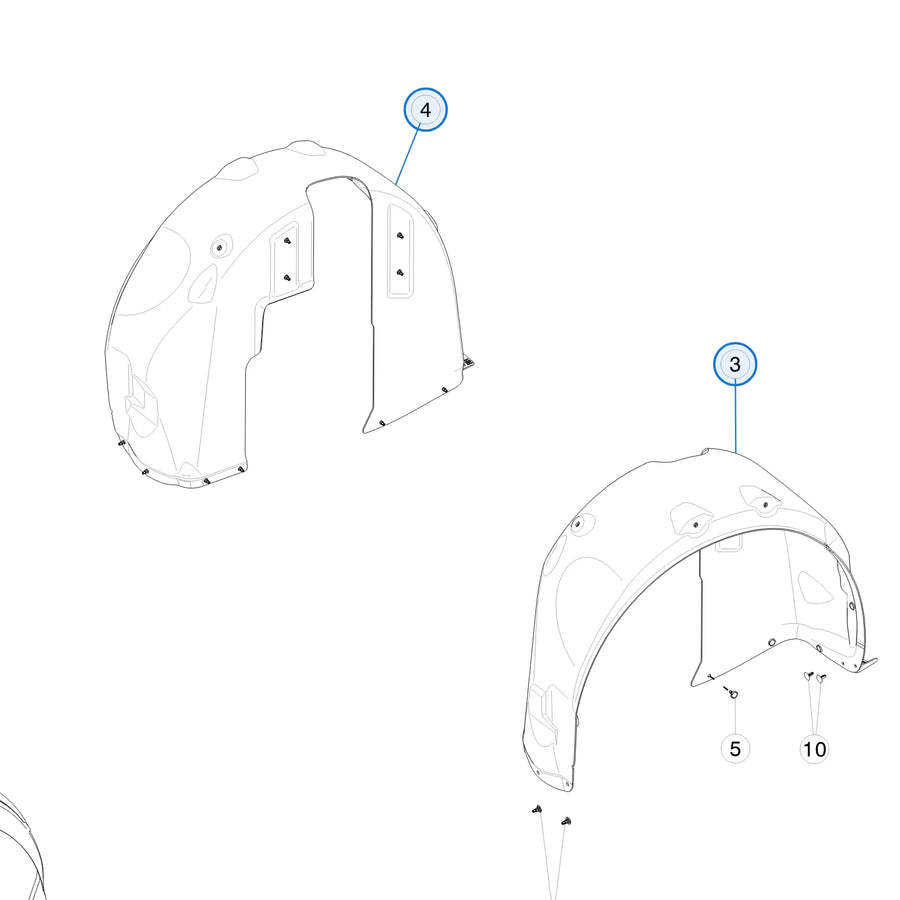 Tesla parts diagram: Wheel Arch Liners (callout 3, 4)