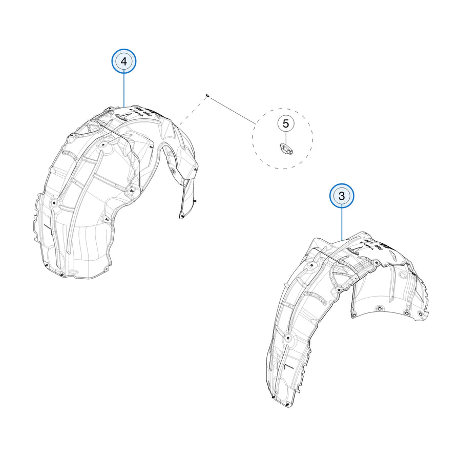 Tesla parts diagram: Wheel Arch Liners (callout 3, 4)