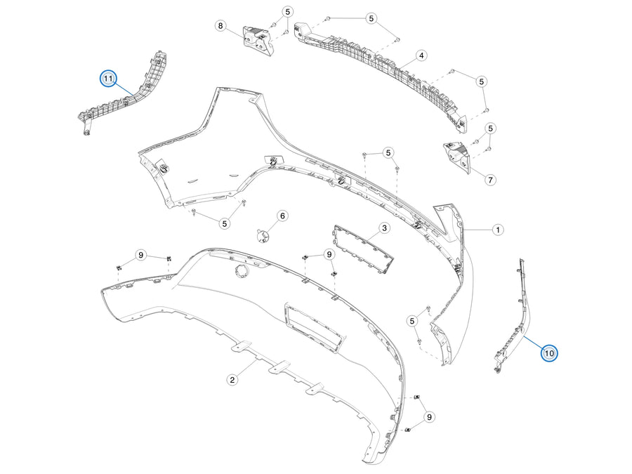 Tesla parts diagram: Rear Bumper Fascia (callout 10, 11)