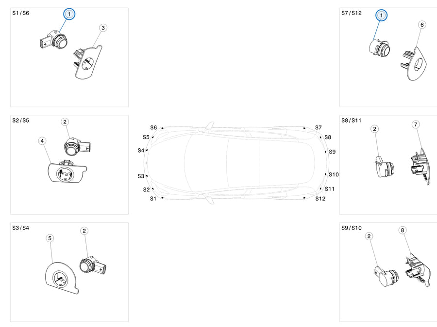 Tesla parts diagram: Parking Sensors (callout 1)