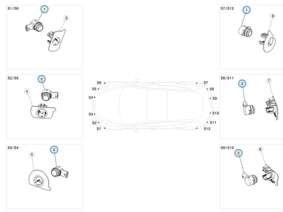 Tesla parts diagram: Parking Sensors (callout 1, 2)