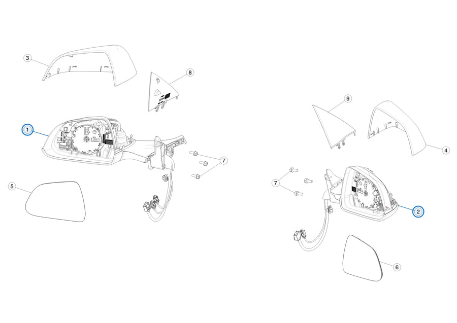 Tesla parts diagram: Exterior Mirrors (callouts 1, 2)