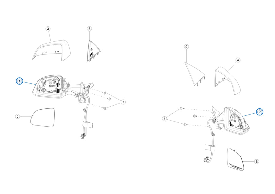 Tesla parts diagram: Exterior Mirrors (callouts 1, 2)