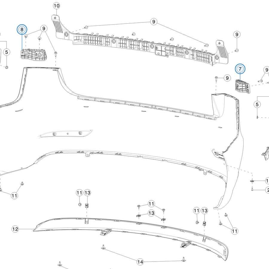 Tesla parts diagram: Rear Bumper Fascia (callout 7, 8)