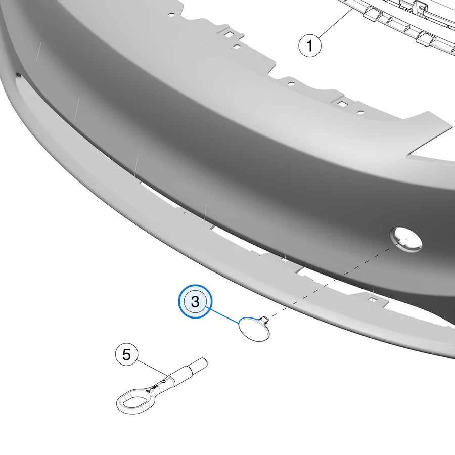 Tesla parts diagram: Tow Hook Cover Front Fascia for Tesla Model 3 Highland 1694316-00-E