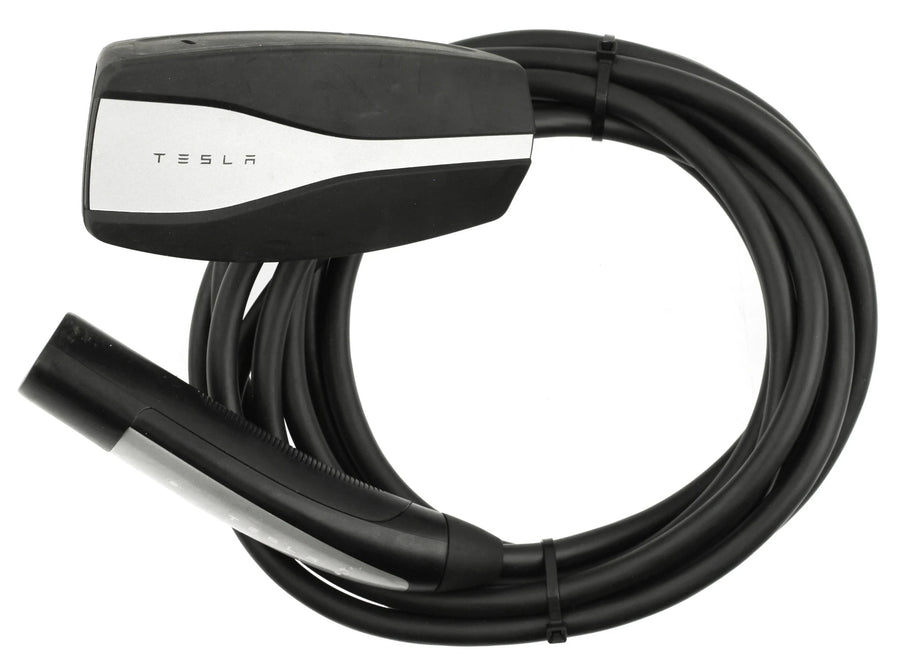 Tesla Universal Mobile Connector US (NACS) 1937825-00-C - photo, black unit with silver Tesla panel, NACS handle and the cable coiled - Original / US (NACS)